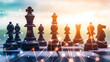 Chess pieces placed on a board with a light background. Abstract images that show the use of intelligence and strategy.