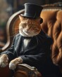 Cat in tuxedo, top hat, poised on velvet chair, regal posture, soft focus, classic elegance , clip art, 8K , high-resolution, ultra HD,up32K HD