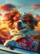 Dog in Hawaiian shirt, sunglasses, driving convertible, coastal road, sunset glow , clip art, 8K , high-resolution, ultra HD,up32K HD