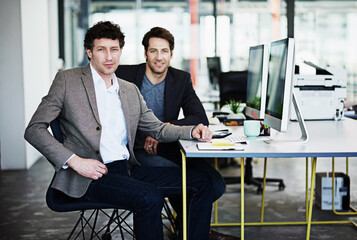 Poster - Business men, computer and portrait in office for company career and online planning in project management on web. Professional male analyst, smile and tech for email, internet or digital research