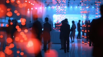 Abstract Corporate Event Ambiance, Silhouettes of professionals networking at a corporate event, highlighted by ambient red and blue lighting for a modern business atmosphere