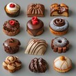 Miniature 3D chocolate pastry selection on a clean background