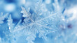 Close-up of snowflake ice crystal. Blurred snow falling on frozen ground on background. Nature blue background.