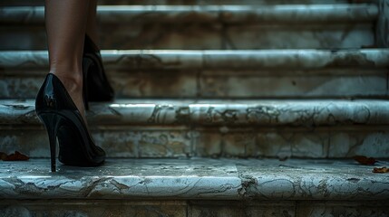 Elegant high heels on marble stairs