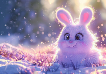 Wall Mural - A cute white rabbit, fluffy and chubby, sitting on the snow with its head raised. The background is blurred, creating soft lighting and a warm color tone