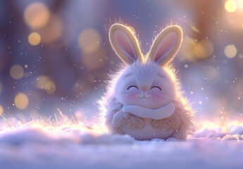 Wall Mural - A cute white rabbit, fluffy and chubby, sitting on the snow with its head raised. The background is blurred, creating soft lighting and a warm color tone