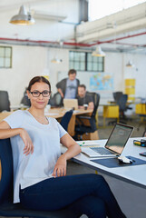 Leinwandbilder - Woman, laptop and portrait in coworking space for company career and online planning for creative research project on web. Female professional designer and smile in office with tech on email internet