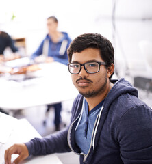 Poster - Programer, spectacles and portrait in office for information technology innovation, web development and programming. Indian person or IT professional and serious for database business in company