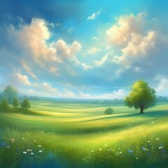 Joyful summer landscape with green meadow and fairytale clouds