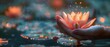 Buddhas hand holding a lotus flower, closeup, dewkissed petals, symbol of purity, dawns early glow