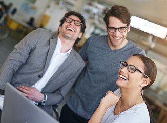 Canvas Print - Team, laptop and happiness in office with laughing, cheerful and happy for company as colleagues. Businesspeople, group and employees in workplace, corporate and technology for meeting or teamwork