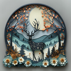 Wall Mural - Paper cut deer in the fall forest under the sun