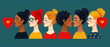Artistic side profiles of diverse women with hearts symbolizing love and unity in a modern illustration.