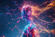 Realistic shot of An animated illustration showing the human body with glowing energy lines and nervous system, highlighting powerful brain activity in dark background