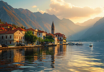 Sticker - The picturesque town of Perast on the coast, with its historic buildings and colorful architecture, is set against the backdrop of majestic mountains during sunset