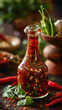 A sweet and spicy sauce made with chili peppers, garlic, vinegar, and sugar, great for dipping spring rolls or grilled meats, delicious food style, blur background, natural look