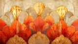 Fototapeta  - Arrière-plan art déco représentant des coquillages ou fleurs de façon stylisée, illustration murale avec tons orange, pêche et or, papier peint