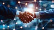 © pinkrabbit - Close up of business people shaking hands against technology background, leader, teamwork, target, Aim, confident, achievement, goal, on plan, finish, generate by AI