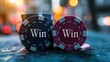 Poker Chips with 'Win' Inscription on Casino Background