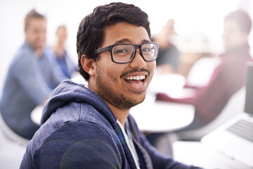 Poster - Meeting, happy and portrait of business man in creative office for planning, collaboration or internship. Lens flare, designer or young worker with glasses for solution, teamwork and startup project