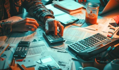 Closeup of a businessman's hand and a calculator. Business, Finance, Investment, Tax and Concept Economy