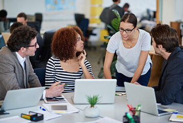 Poster - International people, business and collaboration in workspace for strategy, content and project management. Diversity, men and women in office for company, discussion and partnership with staff