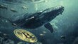 Whales swimming under the surface of the water and Bitcoin coins floating on the water, smart money in bitcoin concept, cryptocurrency future digital money