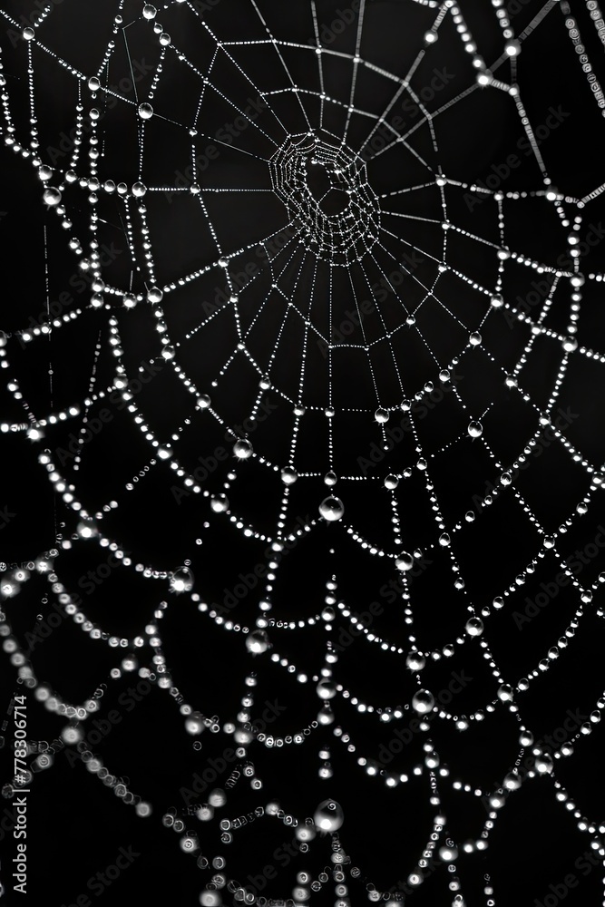 Spider web with dew drops on black background. Close up.
