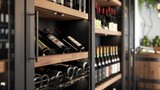 Fototapeta Kosmos - Modern elite store of expensive fine wines close up. Interior of an alcohol salon for rich people. Bar, bottles of red wine on the shelves closeup.