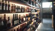© Ellionn - Modern elite store of expensive fine wines close up. Interior of an alcohol salon for rich people. Bar, bottles of red wine on the shelves closeup.