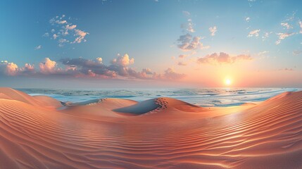 Wall Mural - Panorama landscape of sand dunes system on beach at sunrise, Bright color