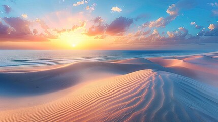 Canvas Print - Panorama landscape of sand dunes system on beach at sunrise, Bright color