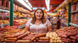 Fat woman in sausage department of shop