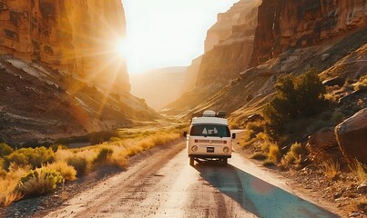 Scenic Canyon Road Trip, Sunset Van Adventure into Nature, Embracing Freedom