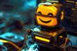A robot with a smiling face at the back of a device, characterized by glowing colors in dark amber and black, and a virtual and augmented reality style.