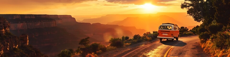 Scenic Canyon Road Trip, Sunset Van Adventure into Nature, Embracing Freedom