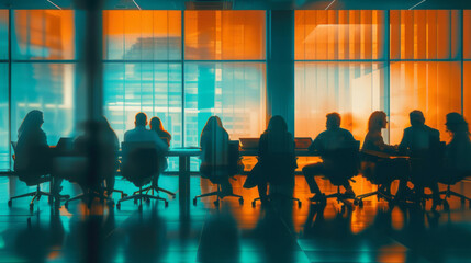 People are working at a conference room table, depicted in a motion blur panorama style with dark cyan and orange colors.