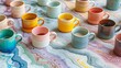 Array of colorful ceramic mugs on marbled surface in soft daylight