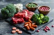 A tableau of B12 vitamin capsules, lean cuts of meat, and broccoli crowns, illustrating the synergy of supplement and natural nutrition sources