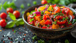 Colorful Pepper Salad on a Decorated Table with Fresh Herbs and Vegetables