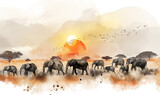 Fototapeta Dziecięca - watercolor illustration of a herd of elephants roaming across the vast landscape, with the iconic African sun setting in the background.