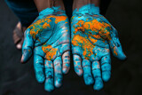 Fototapeta Paryż - Map painted on hands showing concept of having the world in our hands