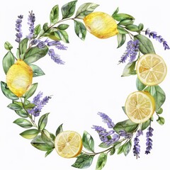 Wall Mural - Clipart of a watercolor summer wreath with lemons and lavender on white background