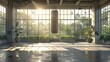 Punching bag hangs in sunlit modern gym with vast windows and sleek floor