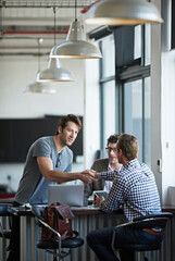 Aufkleber - Professional man, partner and handshake with team in office for meeting, creative and company startup. Men, collaboration and business deal in modern workspace for agency, strategy and discussion