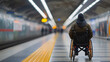 Middle aged man in wheelchair waiting for public transport at station