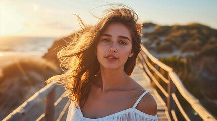 Portrait of gorgeous caucasian woman looking at camera in wooden boardwalk at beach, evening sun light, 