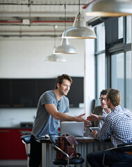 Poster - People, laptop and handshake at agency for meeting with collaboration, job contract and hiring. Tech, teamwork and hands for agreement in office with promotion, creative company and partnership deal
