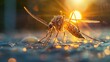 Sun-kissed mosquito rests delicately on a surface, captured up close