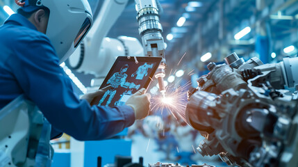 Poster - A man is working on a robot with a tablet in his hand. Concept of innovation and technological advancement